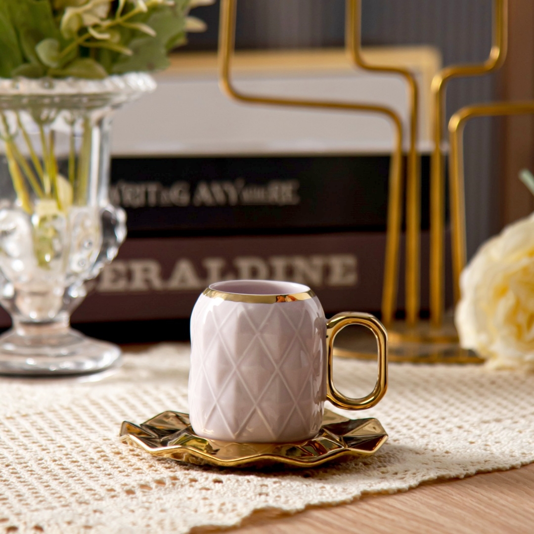 90ml Volume Luxury Ceramic Cup Saucer Set Coffee And Tea 6 Pcs Retro Design Style