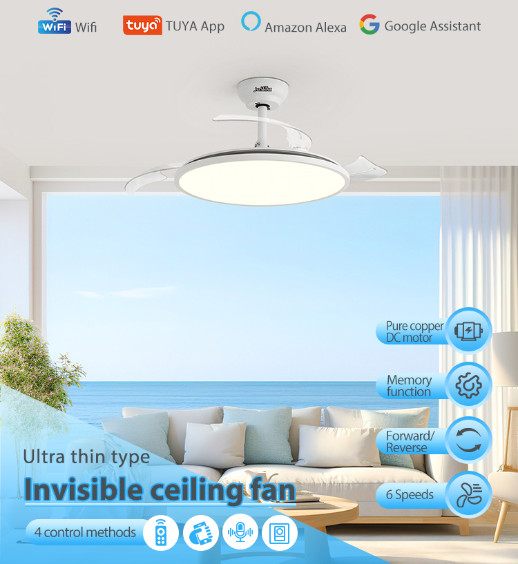 Ultra Thin White Elegant Design Retractable Ceiling Fan with LED Light and 6" Downdrod
