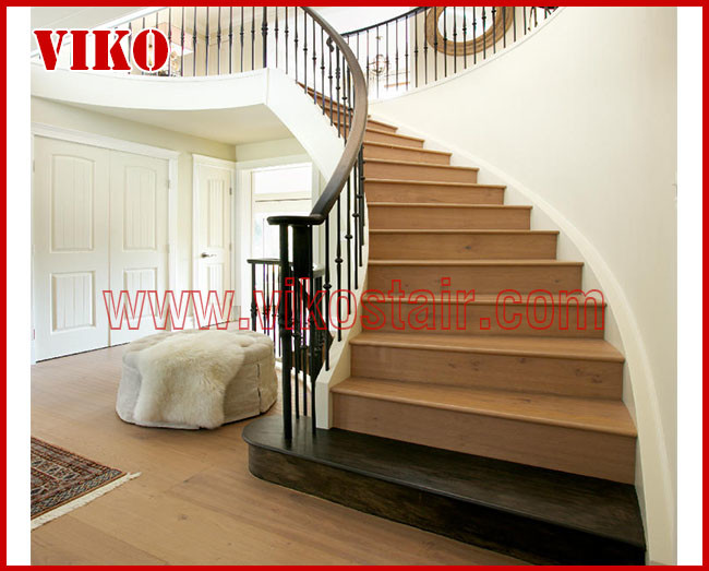 Wrought Iron Staircase VK119S Wrought Iron Handrail Tread Beech,Railing tempered glass, Handrail b eech Stringer,carbon