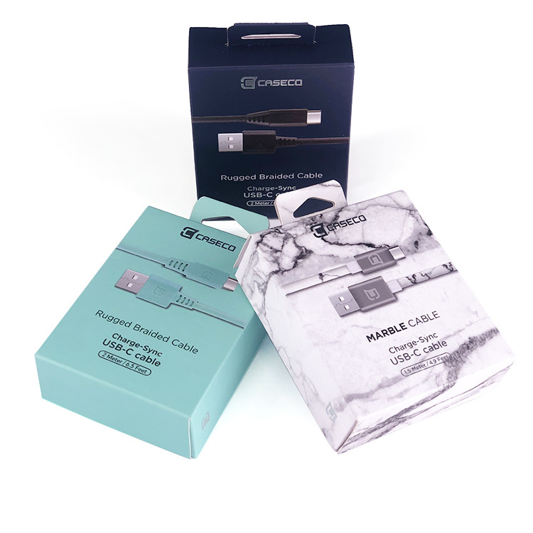 Gloss Lamination USB Data Cable Packaging Box Printing With Hanger