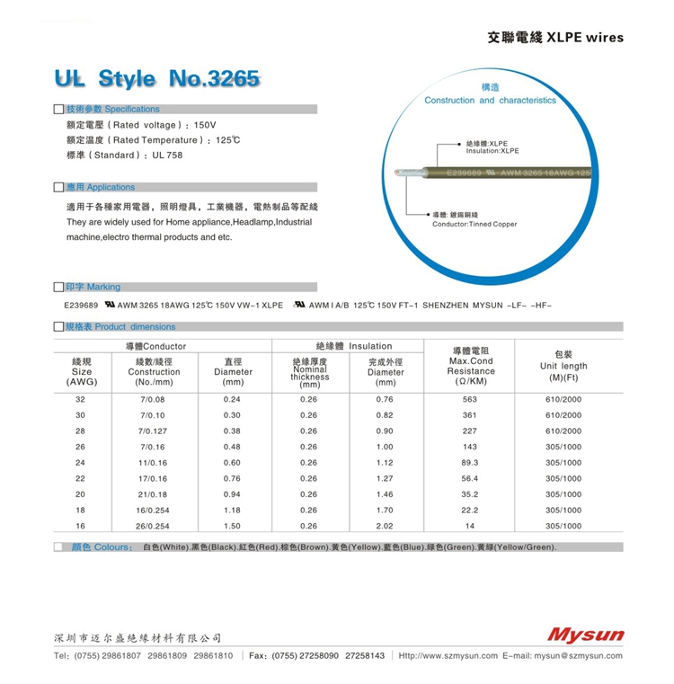 UL3265 XLPE Insulated Wire 18 AWG 16/0.254 For Industrial Power