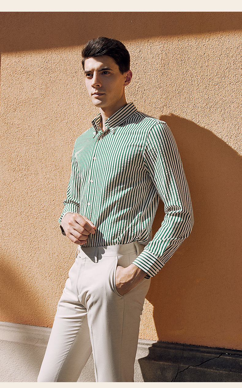 Customized Green Striped Long-Sleeved Men's Business Formal Shirt for Spring Season