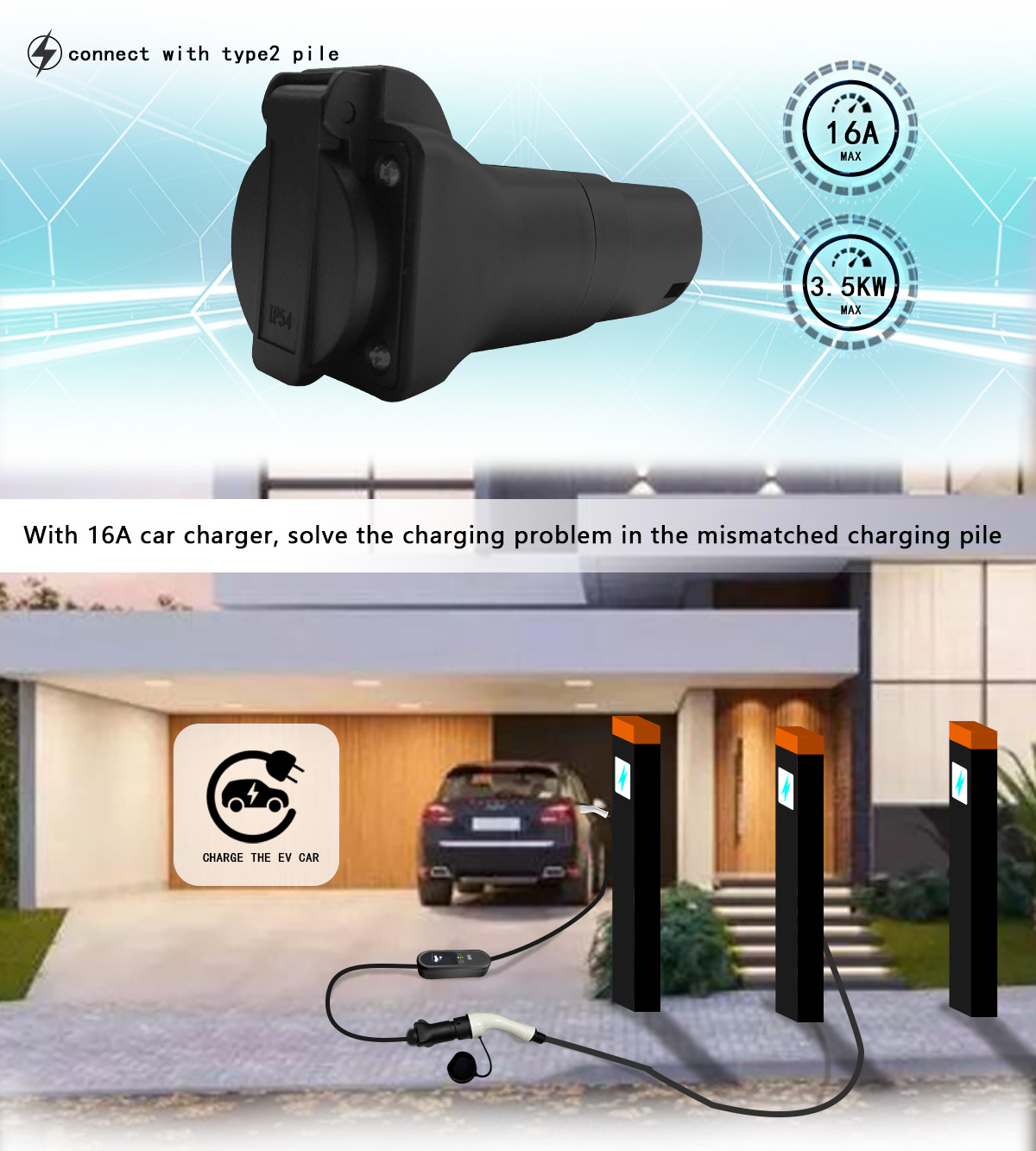 Black 16A 220V 3.5KW EV Charger Adapter Output Power for Car EV Discharger V2L Head Type 2 Charging Station V2L