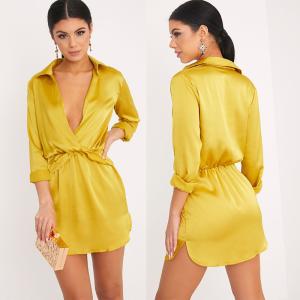 Quality Women Long Sleeve Dark Lime Twist Front Silky Shirt Dress With Deep V Neck wholesale