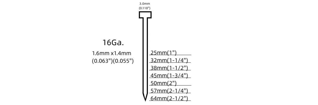 16 Gauge T Series 25mm Air Brad Nail Finish Nail