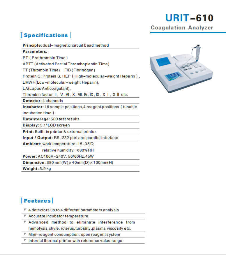 Urit brand 4 channels blood coagulation analyzer Urit-610