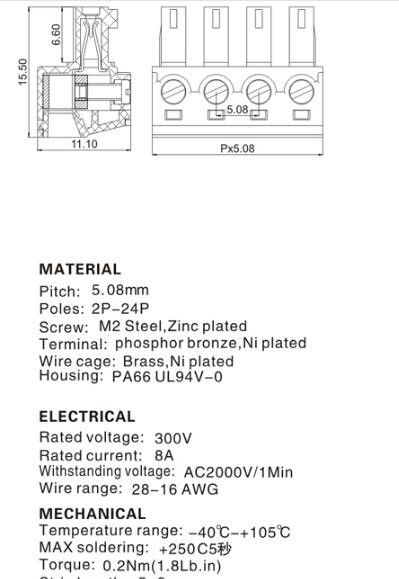 Server Station Pcb Mount Screw Terminal 5.08mm Pitch Electrical Terminal Block