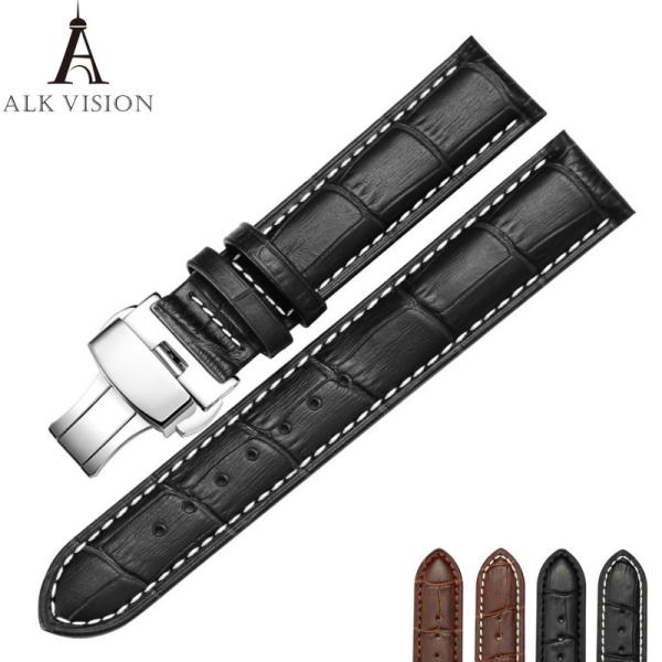 ALK Leather Watch Band Bracelet Strap butterfly deployant Clasp buckle Watchband
