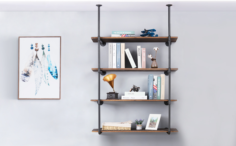 Standard Industrial Black Iron Pipe Shelf Brackets for DIY Open Bookshelf Installation