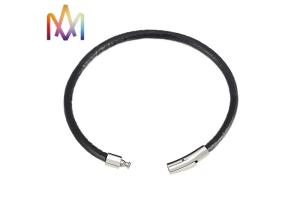 Quality Snap Fastener Black Woven Mens Leather Bracelets Engraved wholesale