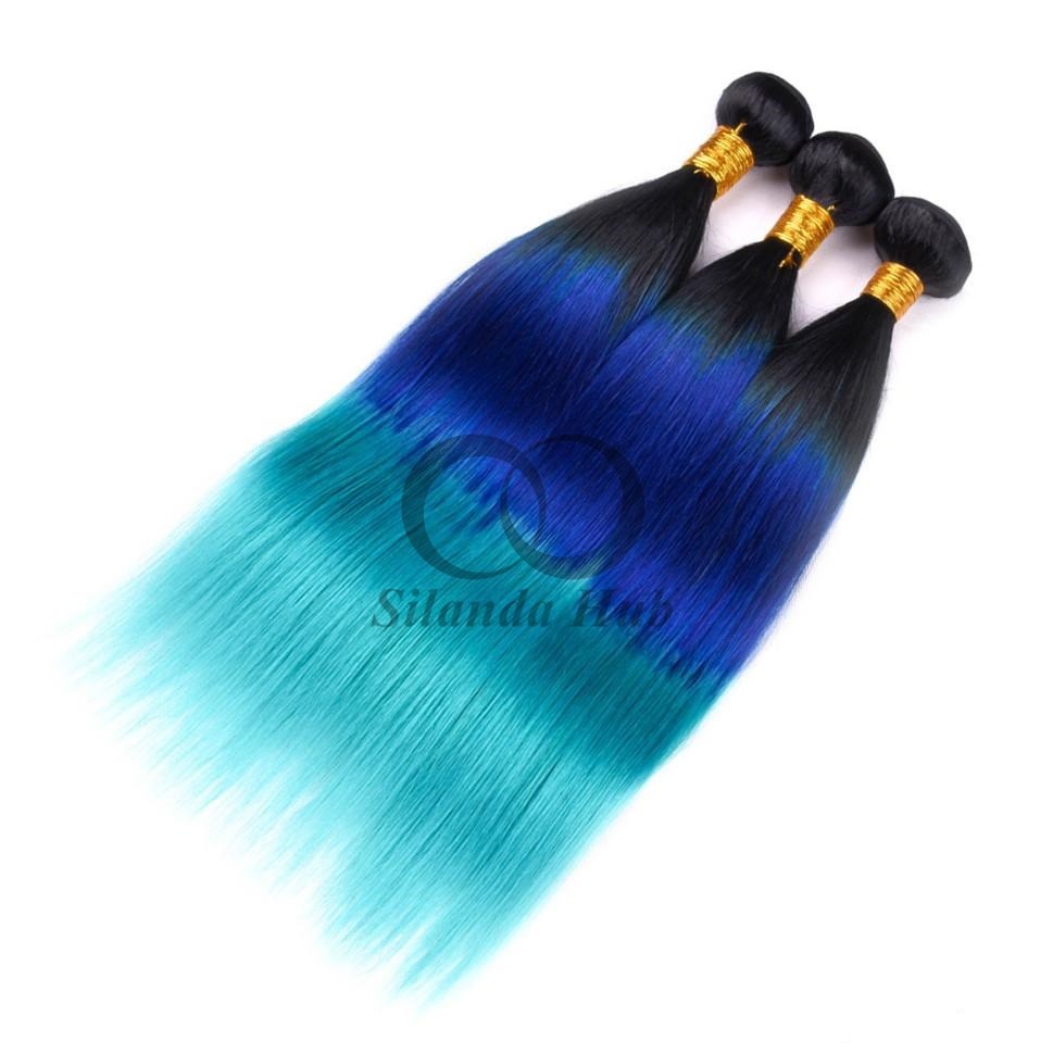 #T1B/Blue/Light Blue Straight Remy Human Hair Bundles Sew In Weave Bundles Brazilian Bundle Deals