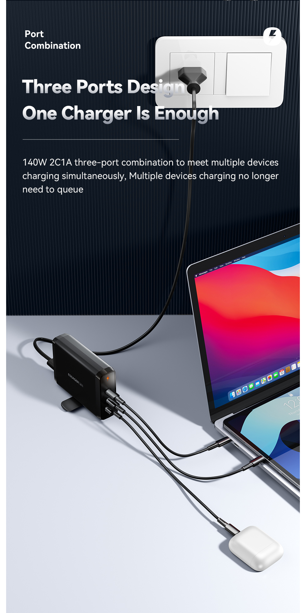 Dual USB Ports Travel Type C Desktop GaN Chargers 140w Quick Charging Phone Accessories