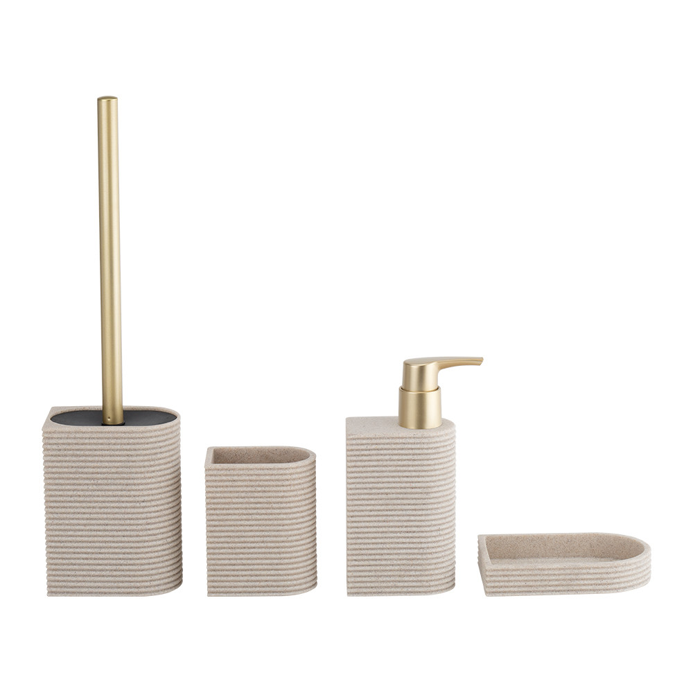 4pcs white and sand color unique bathroom accessories with circle line white soap dish bowl brush