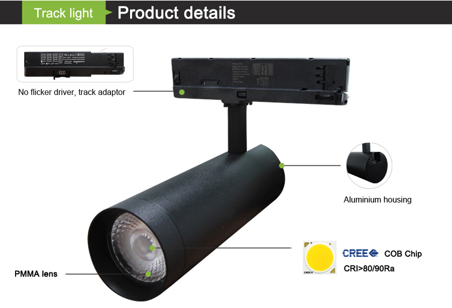 38 Degree LED Ceiling Track Lights 20w White Dimmable Lifud Driver 90RA IP20