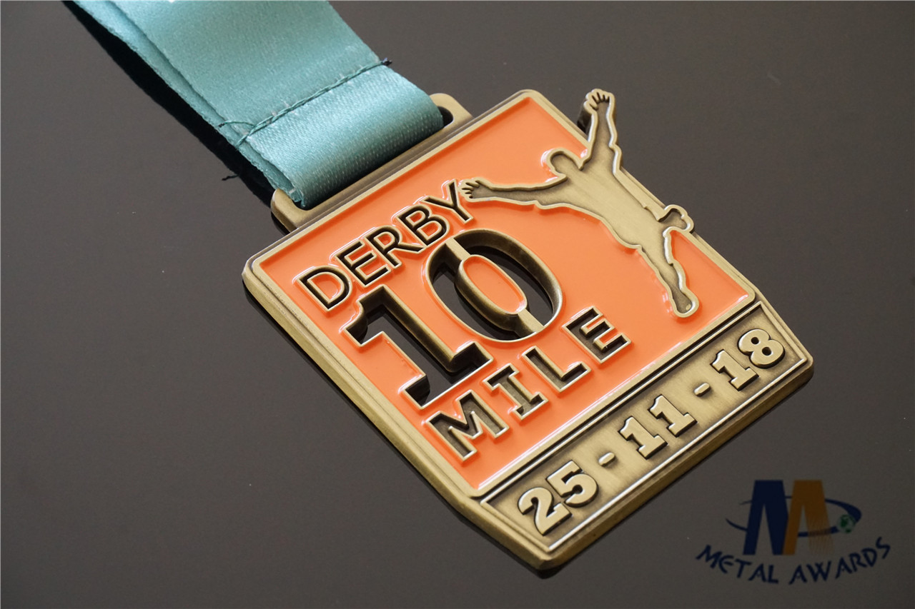 Antique Gold Finish Custom Sports Medals With Heat Transfer Ribon