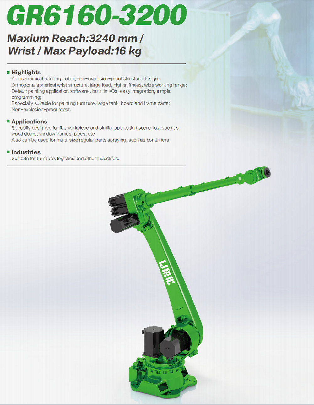 Painting Robots For Flat Workpiece In Furniture And Logistics Industries GR6160-3200 Payload 16kg Reach Radius 3240mm