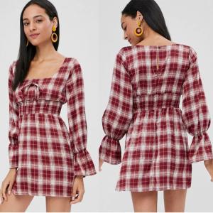 Quality Womens Apparel Square Neck Checked Mini Empire Waist Dress wholesale