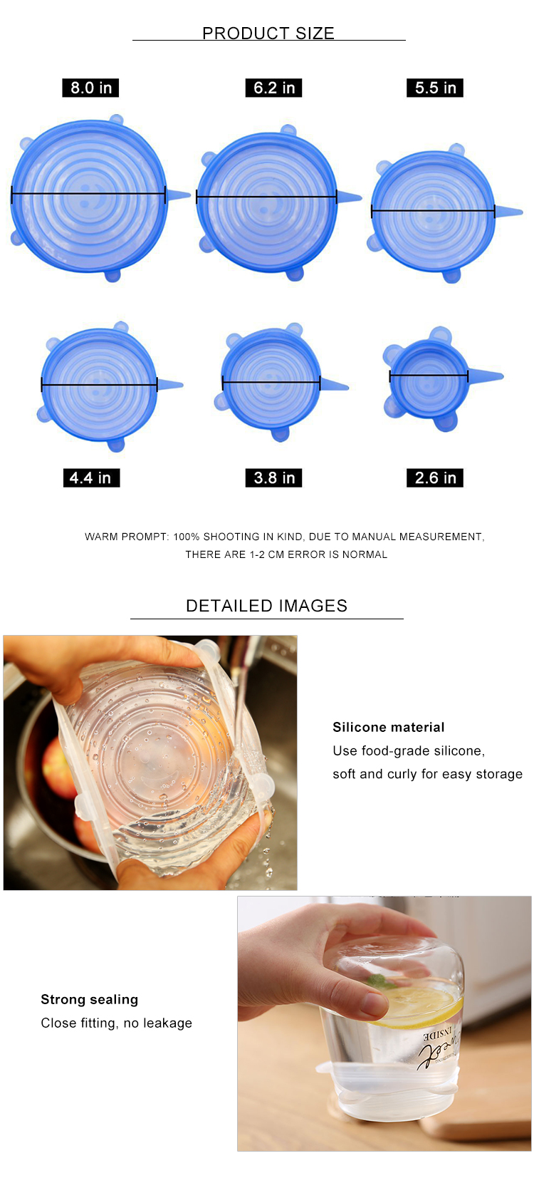 Flexible Transparent Silicone Food Storage 6 Pack Set Microwave Reusable Silicon Stretch Lid