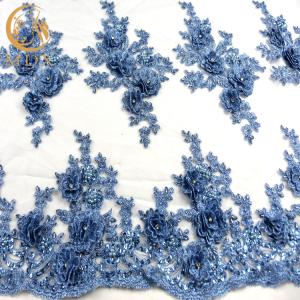 Quality 3D Embroidery Rhinestone Lace Fabric Handmade Blue African Lace Fabric wholesale