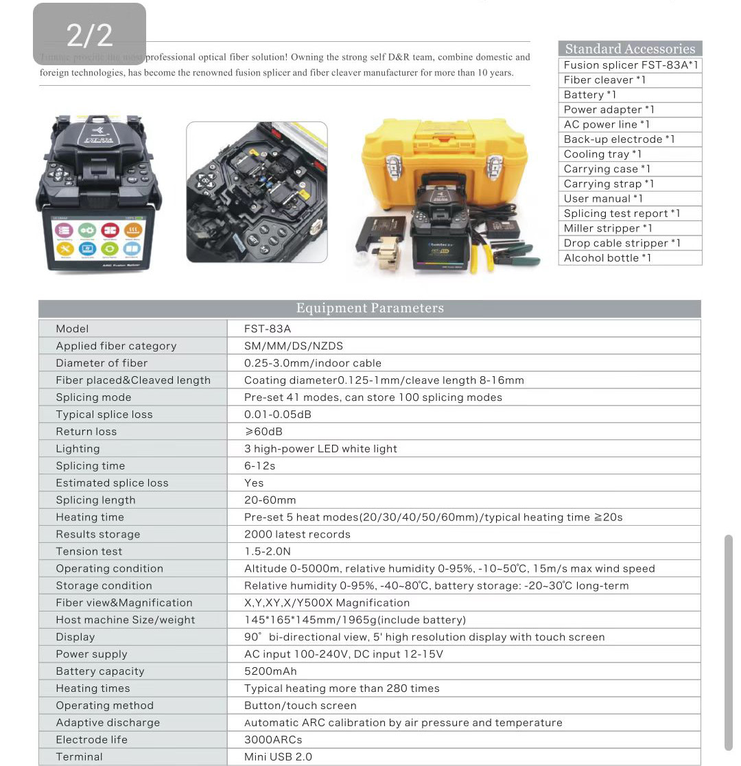 FST-83A Optical Fiber Fusion Machine 6 Motor Splicing Time 6 To 12S Length 20mm To 60mm