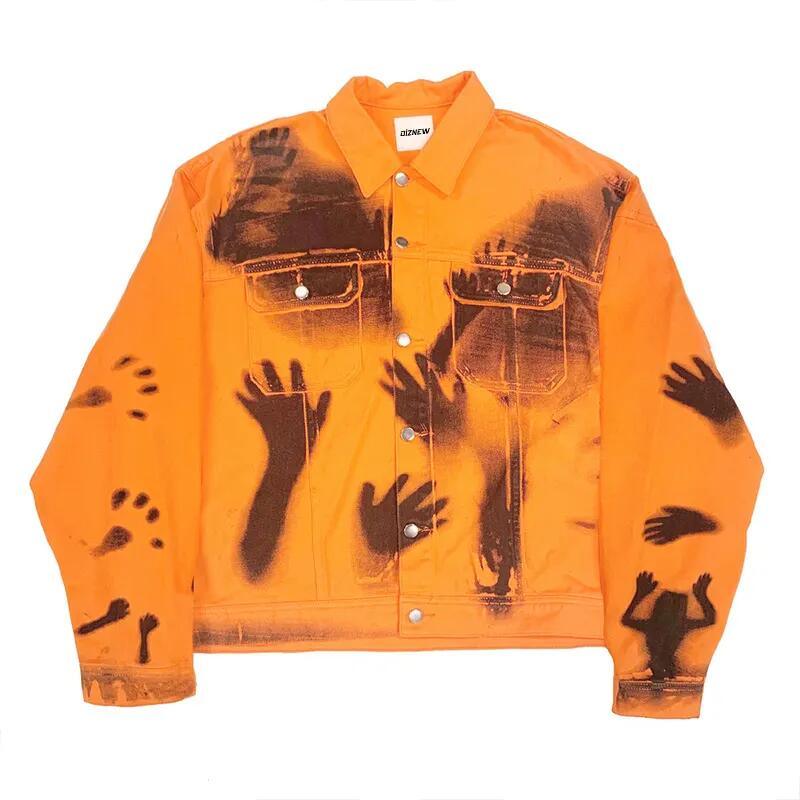 Jacket Button Orange Men&prime;s Jackets &amp; Coats Full Over Digital Printed Distressed Denim Jacket