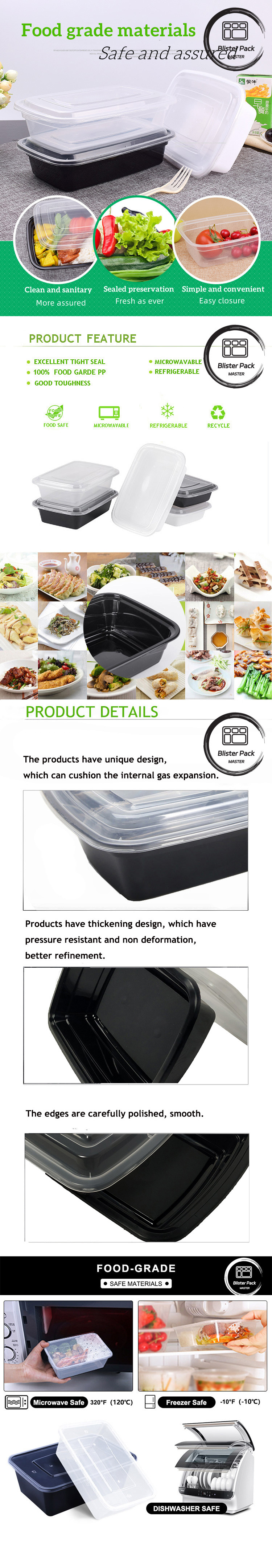 1000ml Rectangular Disposable Plastic Food Containers Tiffin Box for Takeaway