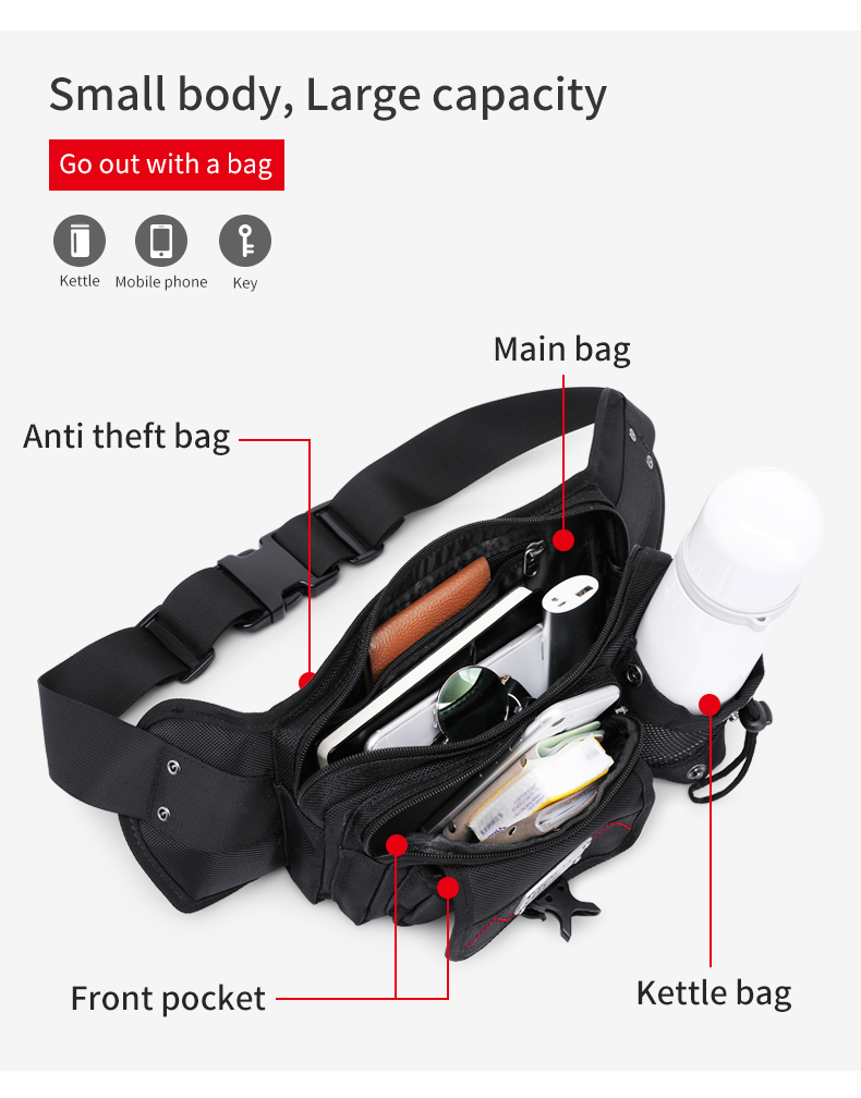 Leisure Style Men'S Outdoor Waterproof Waist Bag Length 27cm Lightweight