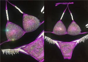 Quality Purple Crystal NPC Bikini Competition Suits Spandex Fabric Beautifully Reflect Light wholesale
