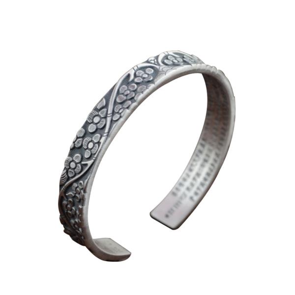 Women Sterling Silver Engraved Flowers Buddhist Sutras Retro Cuff Bracelet