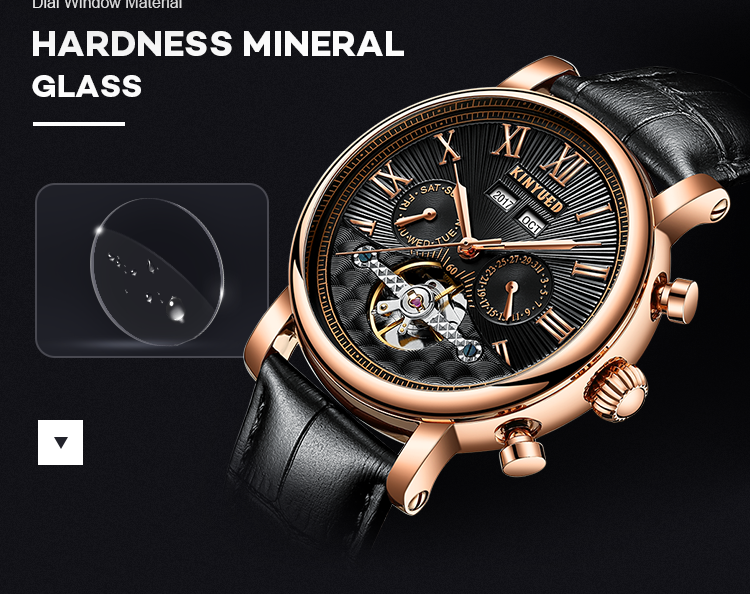 KINYUED J022-2 Minimalist Gold Case Leather Strap Watches Complete Calendar Automatic Mechanical Waterproof Montre Homme