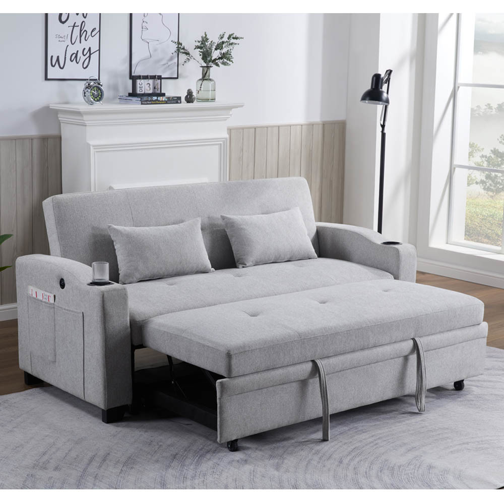 Queen Size Convertible Sleeper Sofa Bed, Comfortable Pull-Out Bed with Adjustable Backrest and USB Charging Port and Cup Holders, Futon Sofa Bed, Gray