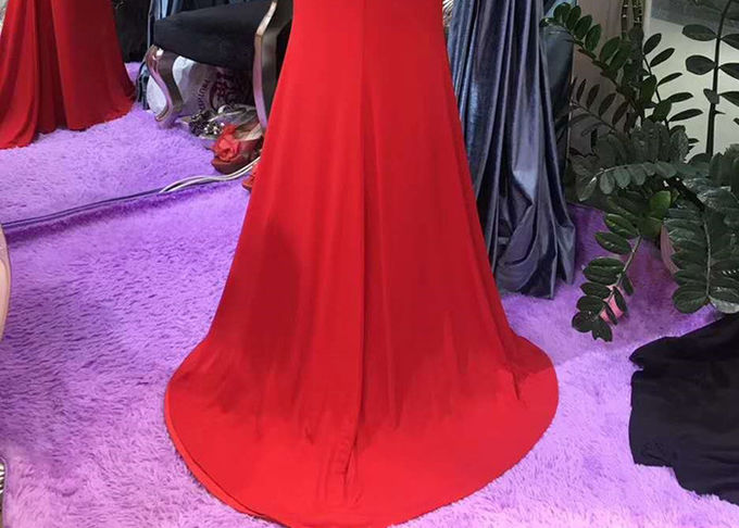 Hanging Neck Red Mermaid Formal Dress Top Heavy Beading Open Back Stretch Fabric