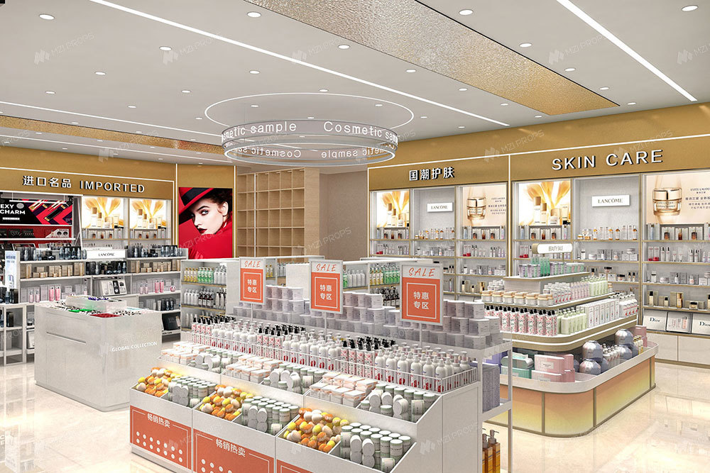 Customized Makeup Shop Interior Design White & Gold Retail Display Rack for Fashion-forward Shop Design and Cosmetic Store Display
