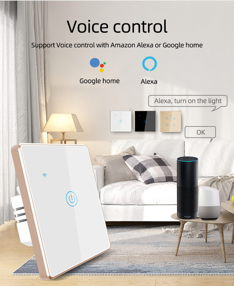 EU Standard Tuya Smart Switch 2 Gang LED Sensor Light Voice Control Wifi Smart Timer Switch