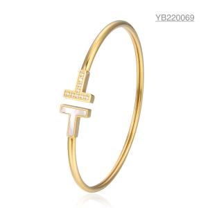 Quality Double T Inlaid Rhinestone Stainless Steel Bangle Mens Open Cuff Bracelet wholesale