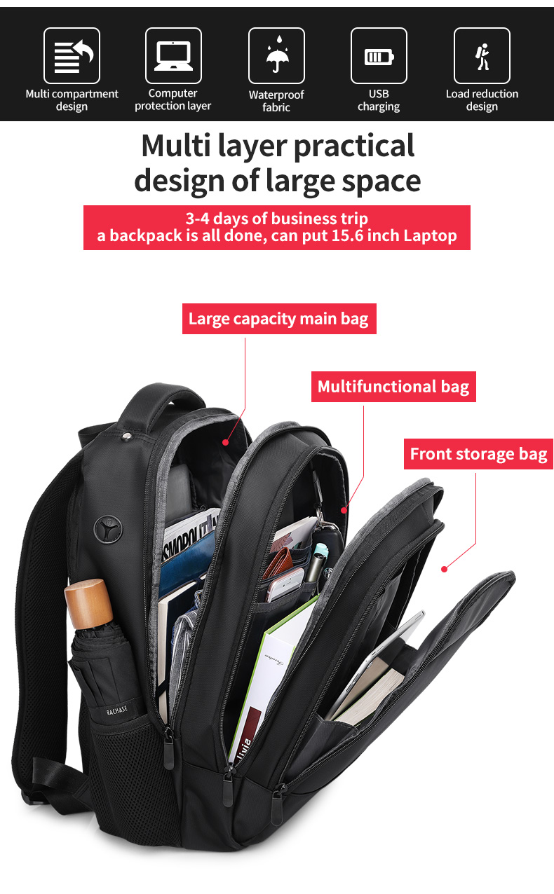High quality products customized logo waterproof black Laptop Backpack men business Backpack
