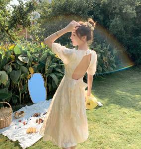Quality Back Tie Bow Waist Puff Sleeve A Line Dress wholesale