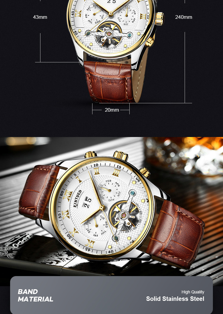 KINYUED Business Power Reserve Automatic Movement Luxury Watches For Men Automatic Skeleton Watch