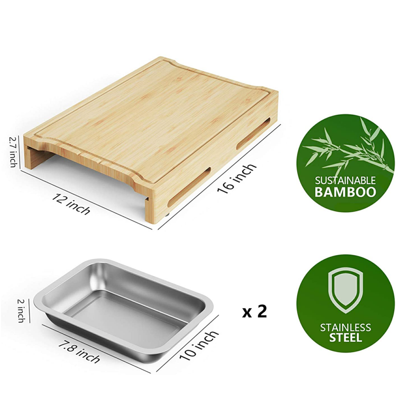 Natural Colour Rectangle Bamboo Chopping Cutting Board With Tray And Drawers For Kitchen