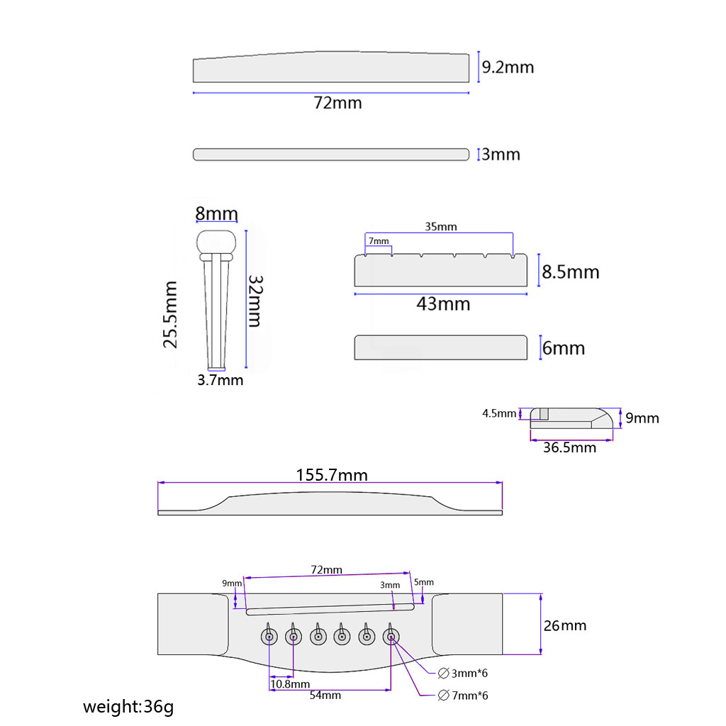 6 Pins Acoustic Electric Guitar Bridge 155.7*26*9.2MM Elegant Touch