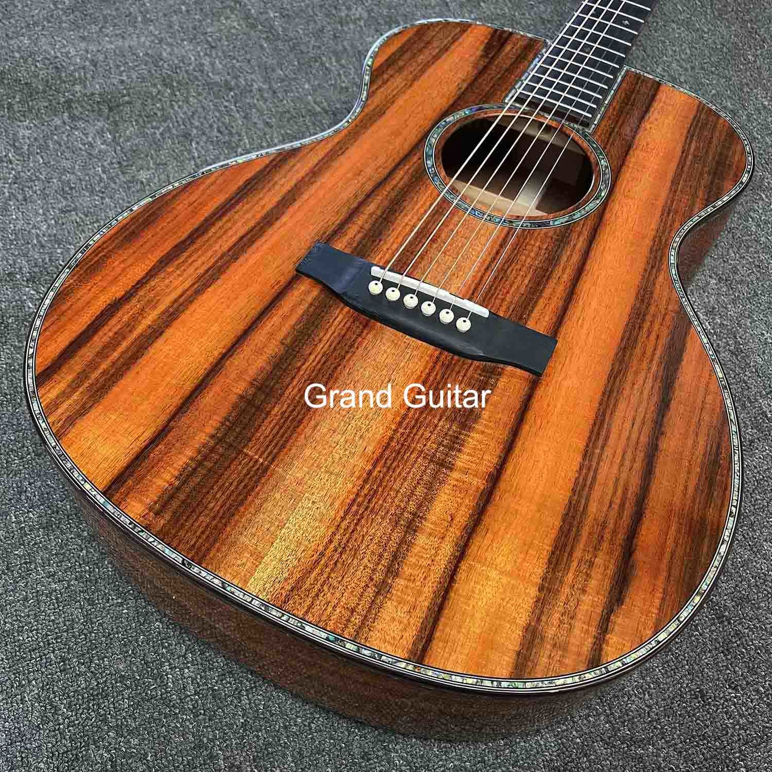Grand OM Guitar Solid KOA Back Side Acoustic Guitar, Customized Logo on Headstock