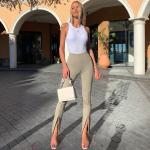 Women's High Waisted Stretch Trousers Sexy Foot Zip Slit