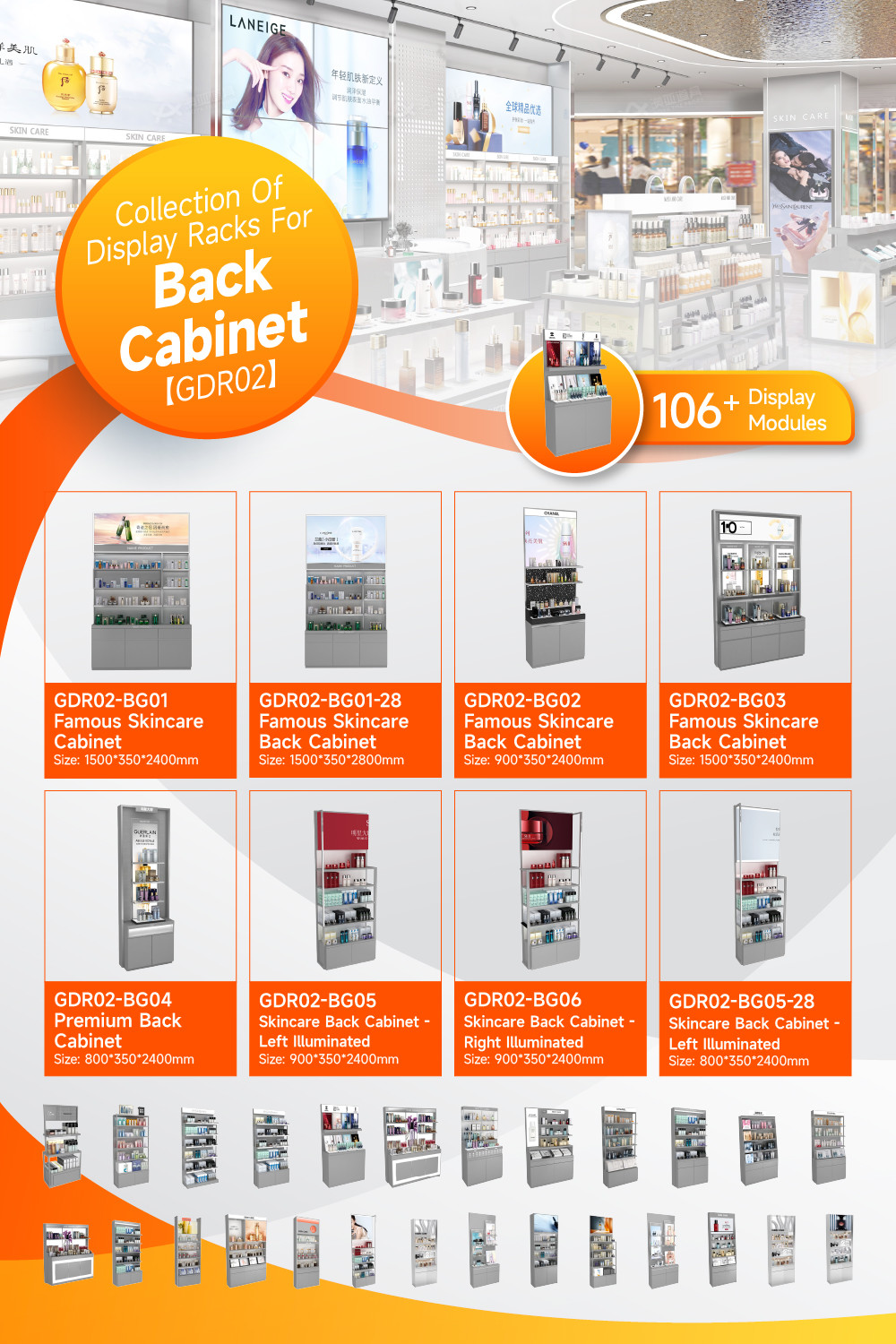 GDR02-BG01 Skincare Display Cabinet with LED Strip Lights and White Glass for Department Stores