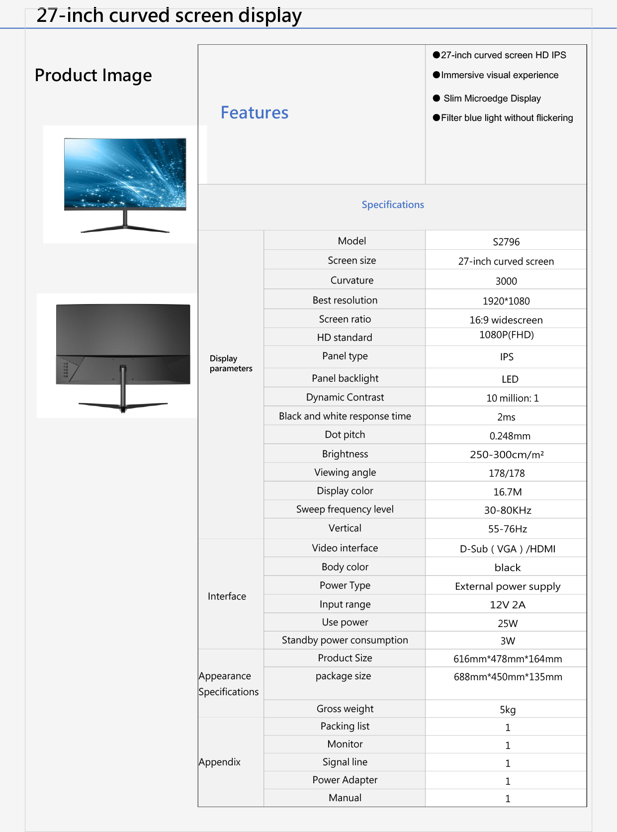 27 Inch LED TV Monitor , Curved Desktop Monitor For Home Work Study