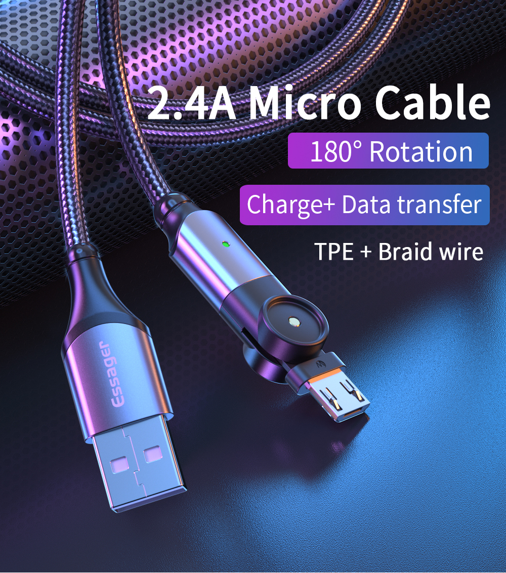 180 Rotate USB A To Micro B Cable Fast Charging LED Charger Data Cable