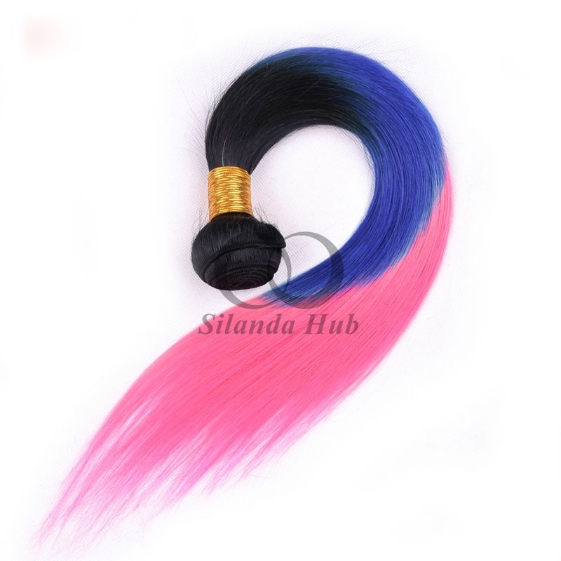 #T1B/Blue/Pink Straight Remy Human Hair Bundles Sew In Weave Bundles Brazilian Bundle Deals
