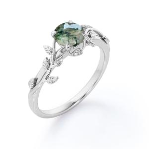 Quality Nature Inspired Natural Green Moss Agate Solitaire Engagement Ring Forest Ring wholesale