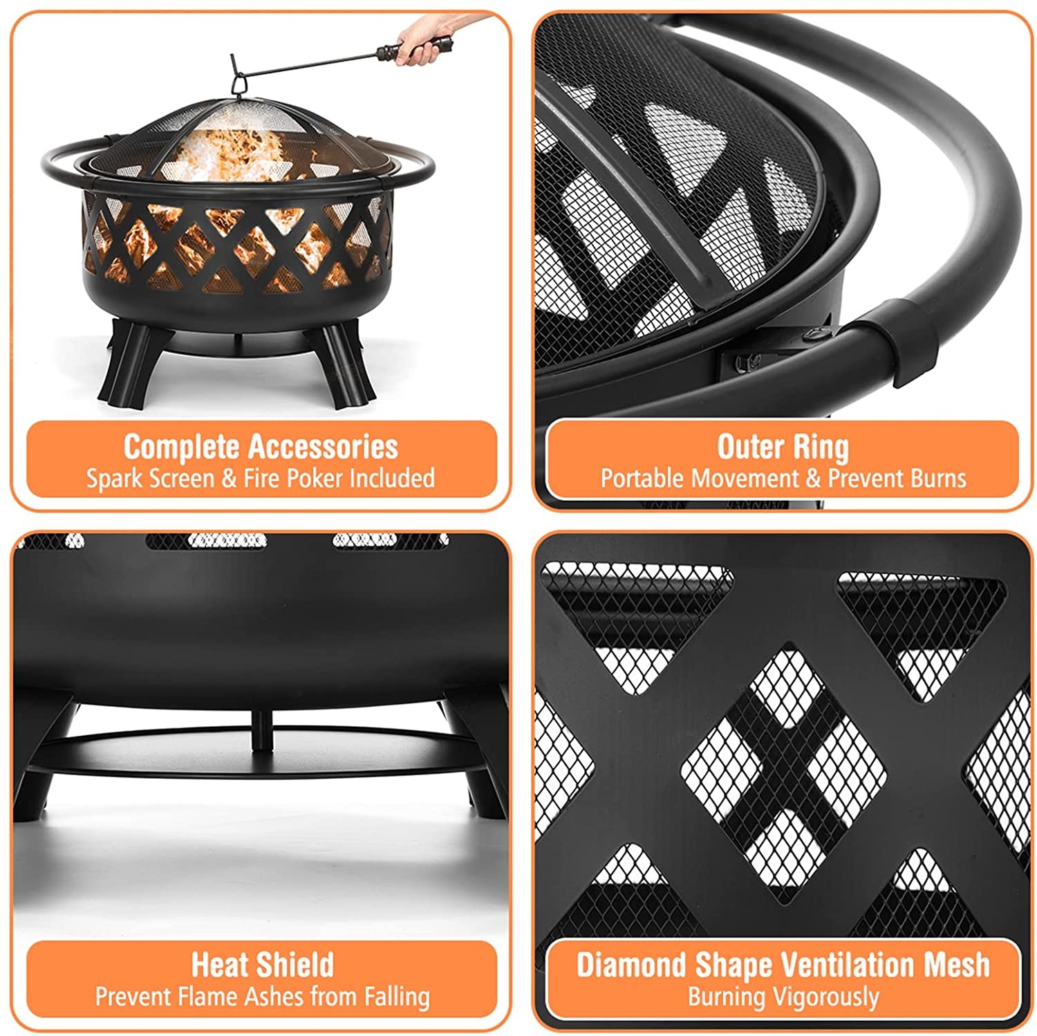 Cooking Grate 30'' Portable Charcoal Fire Pit Wood Burning With Swivel Grill