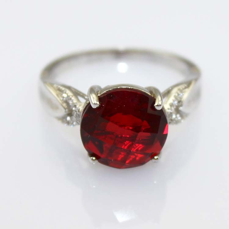 Round Garnet Cubic Zircon 925 Silver Ring with Whtie Gold Plated (R233)