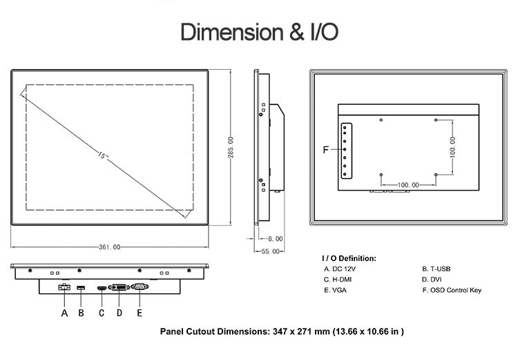 Embedded 15" Capacitive Waterproof Touch Screen Display For Cabinet